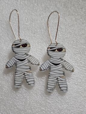 Hand Crafted White and Black Mummy Dangle Earrings